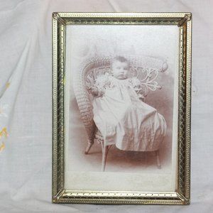 Antique Photo Cabinet Card Baby Child in Wicker Chair Metal Frame